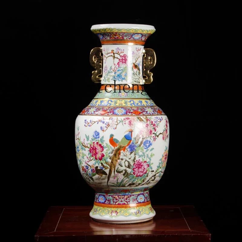 W28ceramic Cloisonne Retro Vase Chinese Ornament Antique Enamel Large Living Room Decoration