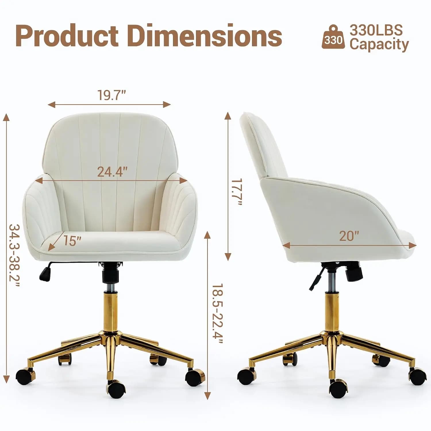 Velvet Make Up Vanity Chair with Wheels and Gold Base 330 Lbs - Beige