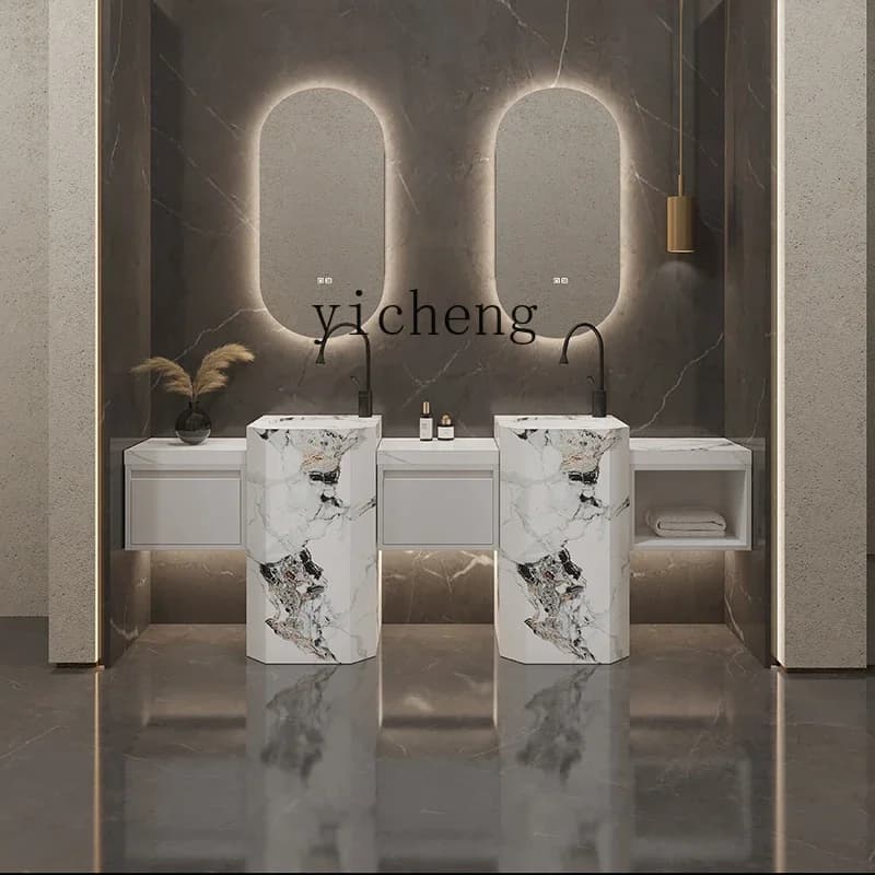 oval rock slab integrated basin double basin bathroom cabinet combination black column washbasin wash basin set