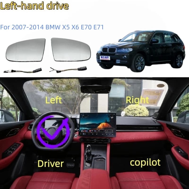 For 2007-2014 BMW X5 X6 E70 E71 Rear View Mirror, Side Mirror, Rearview Mirror Glass Heating 4-in-1 with Wiring Kit