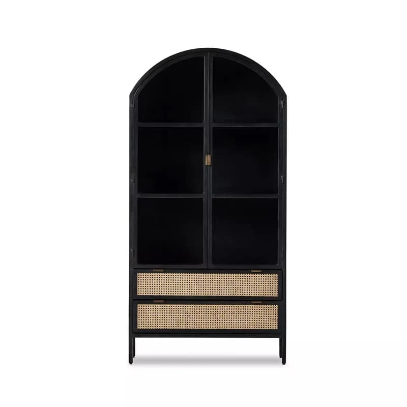 medieval solid wood bookcase light luxury black glass door, display cabinet American retro wine cabinet factory style storage