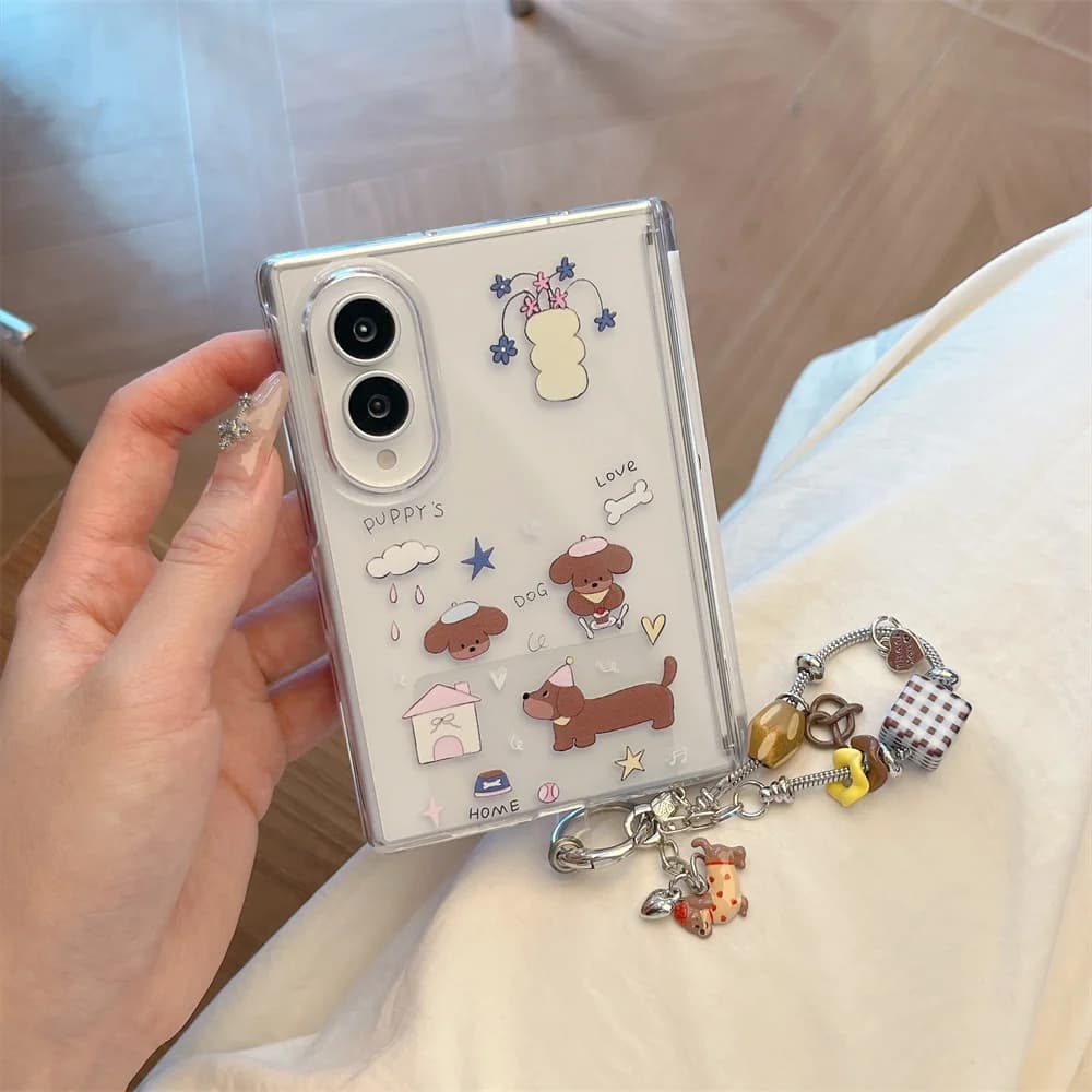 Kawaii Dachshund Dog Print Clear Phone Case For Samsung Galaxy Z Fold 8 Transparent Hard Cover With Cartoon Charm Chain Shell