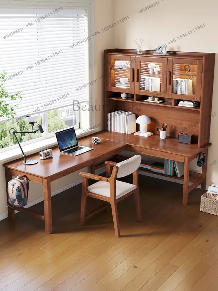Solid wood corner desk bookcase integrated table small apartment L-shaped computer desk corner