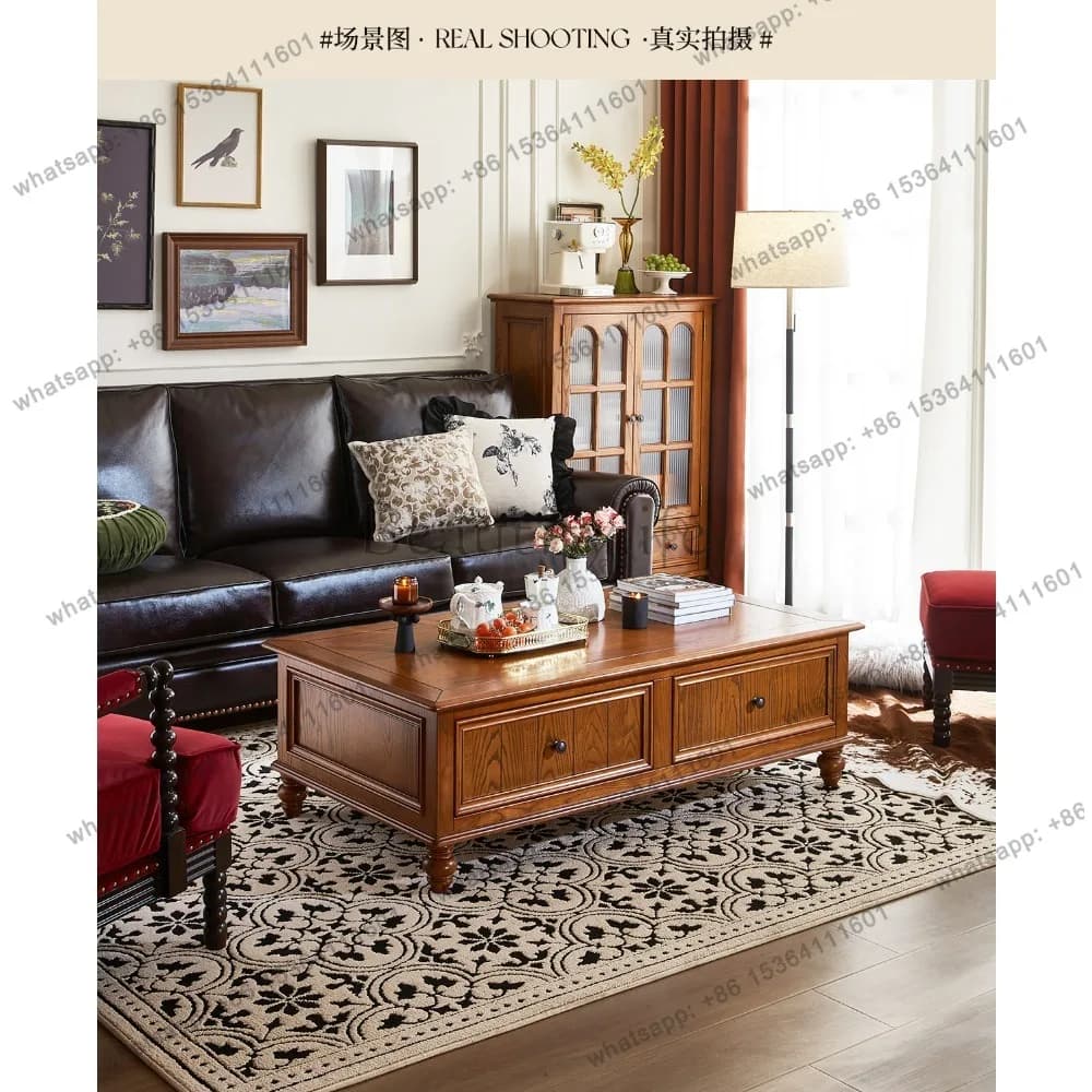 Customizable  American Solid Wood Coffee Table Retro Simple Drawer Tea Table Storage Furniture