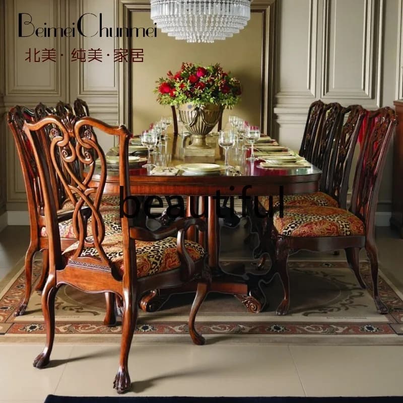 rural retro solid wood carving flower double column design rectangular dining table full solid wood carving flower dining table
