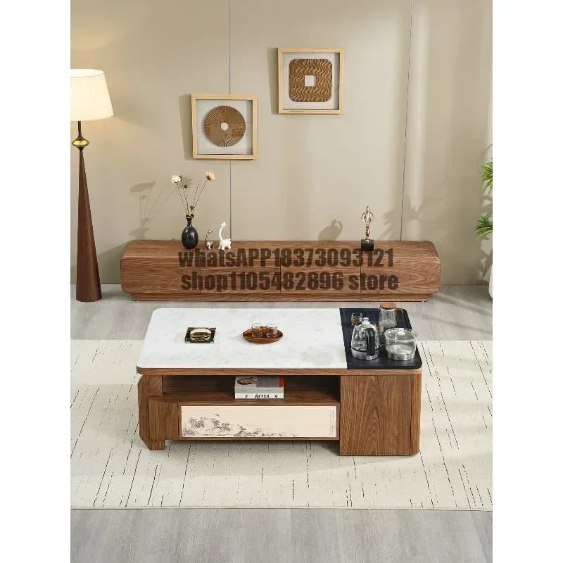 Medieval style solid wood marble living room coffee table tea integrated TV cabinet combination household