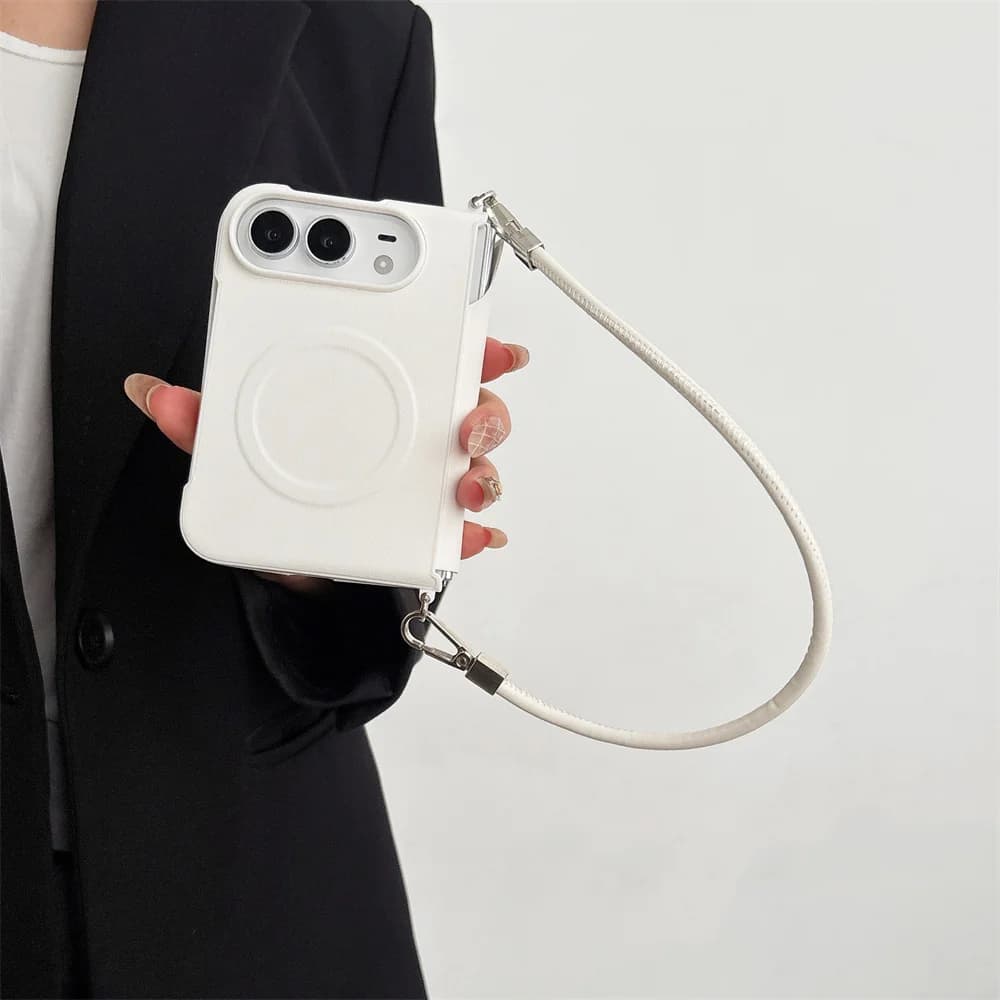 New Korea Ins Cartoon white Magnetic Phone Case For iPhone Duo Foldable Protective Cover Cute Cases Shockproof with Chain