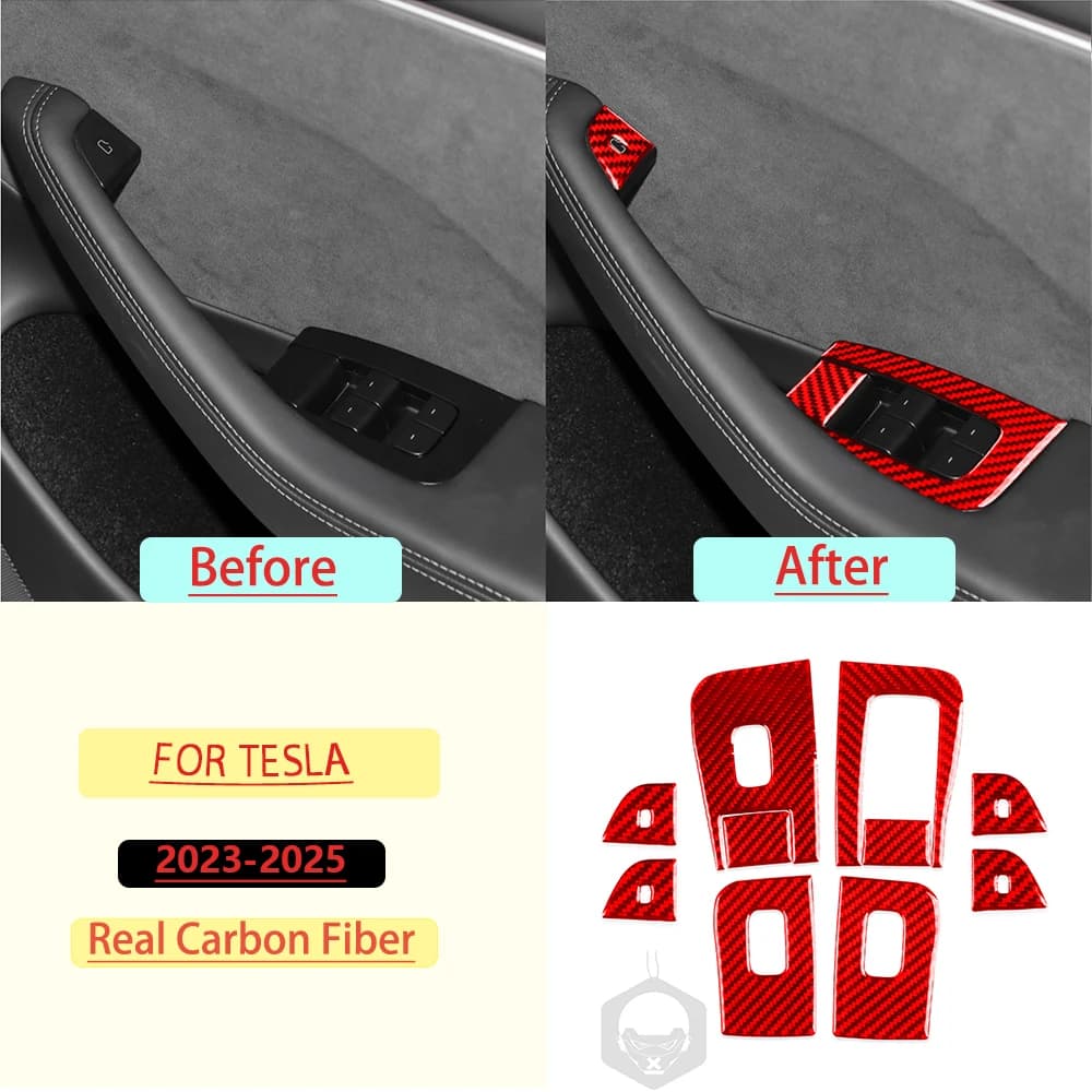 For Tesla Y 2023—2025 Car Window Control Panel Kit Trim Red Real Soft Carbon Fiber Interior Car Accessories Decoration Stickers
