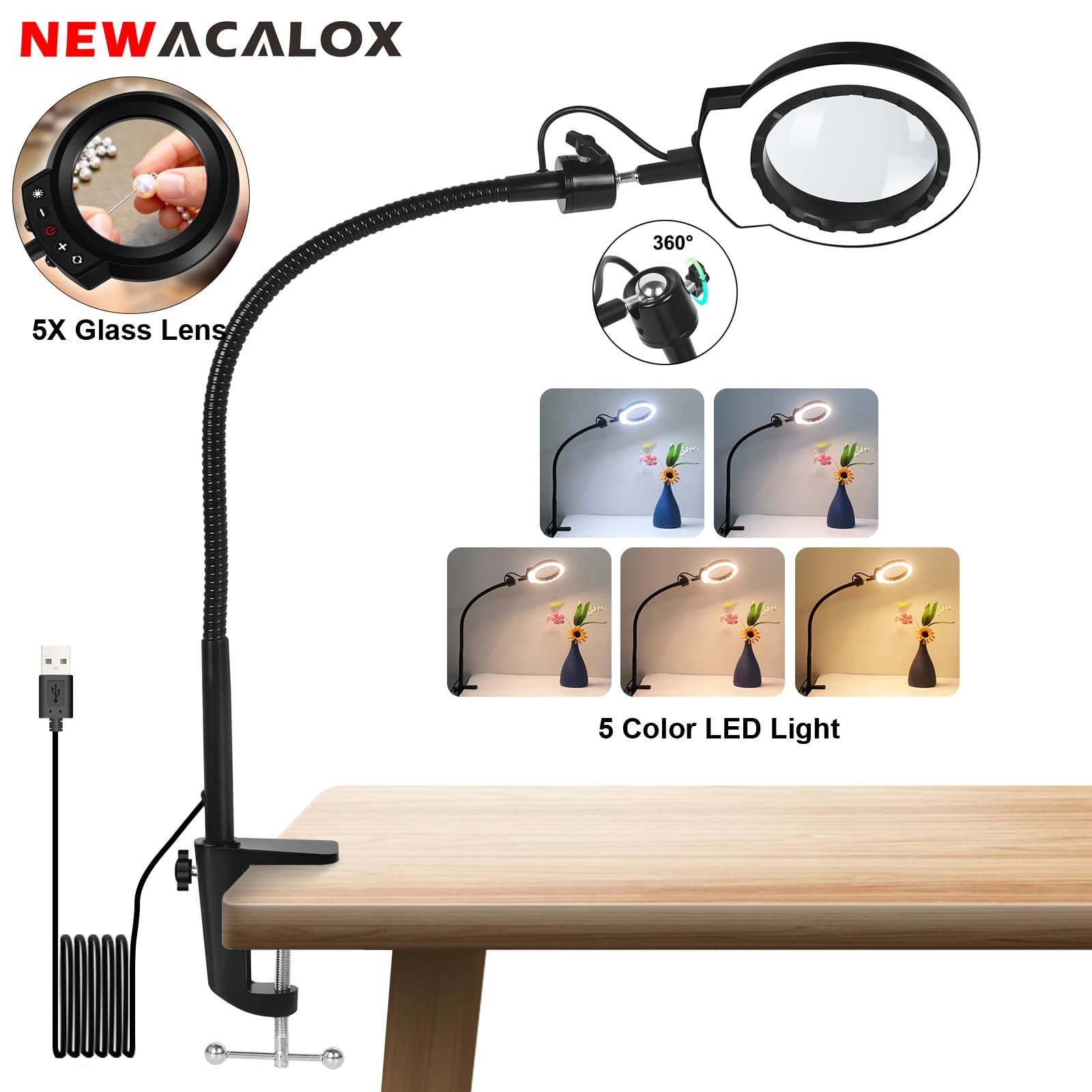 5X Illuminated Magnifier with 360° Metal Gooseneck Flexible Arm and Table Clip 5 Color Modes LED Magnifying Glass Lamp for Home
