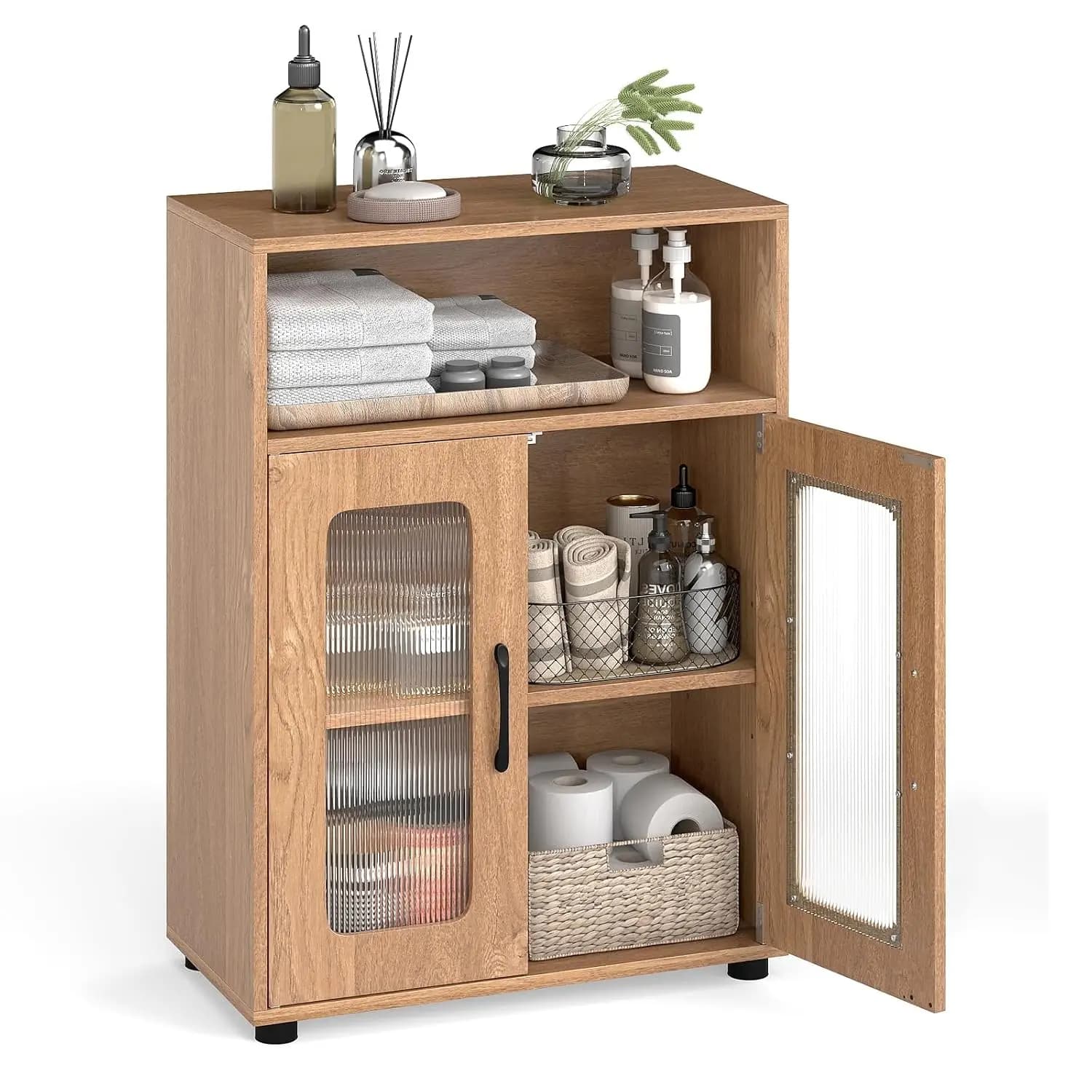 Freestanding Bathroom Floor Storage Cabinet (Oak)