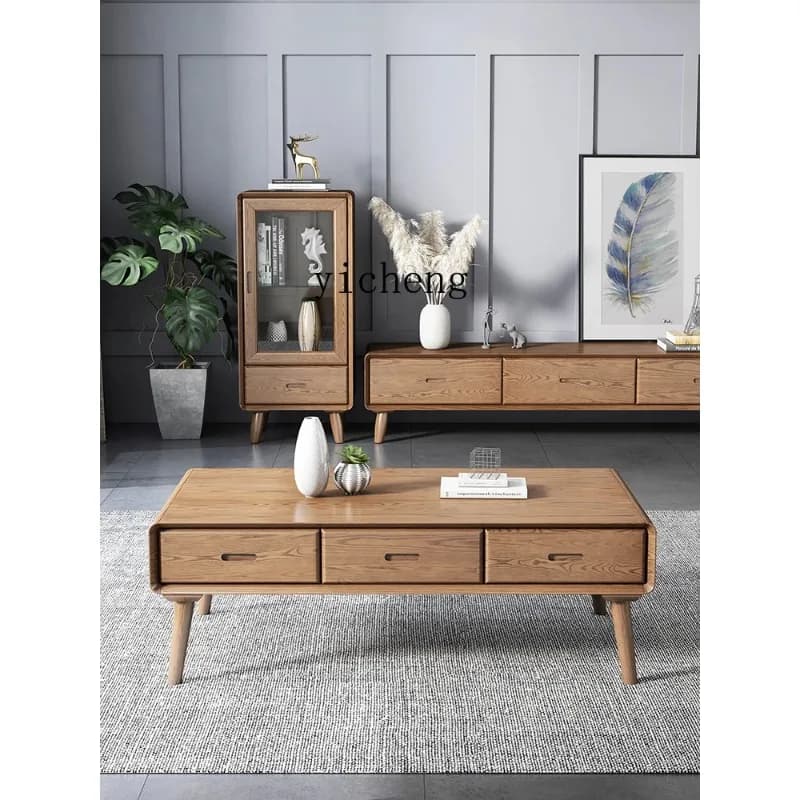 Cj-18 Nordic all solid wood high-footed coffee table TV cabinet combination living room ash wood tea table
