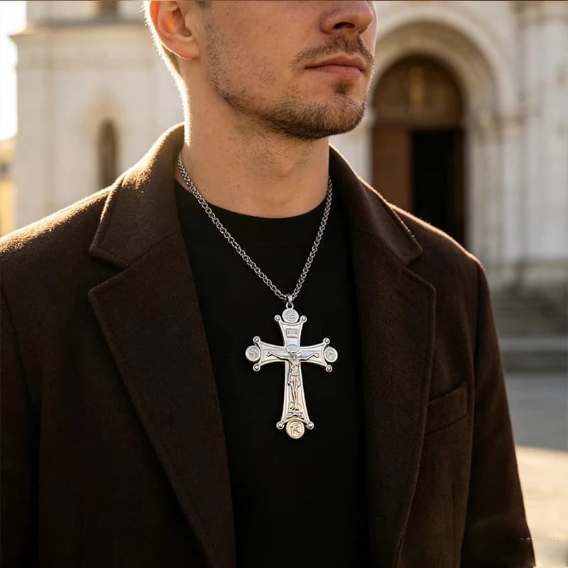New Byzantine Orthodox Silver Crucifix Pendant Necklace Stainless Steel Jesus Christ Relief Golgotha Christian Religious Jewelry