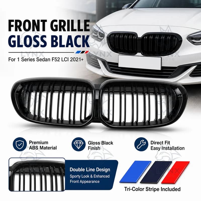Car Accessories For BMW 1 Series Sedan F52 LCI 2021+ Double Line Gloss Black Front Grille Tri-Color Stripe Grille