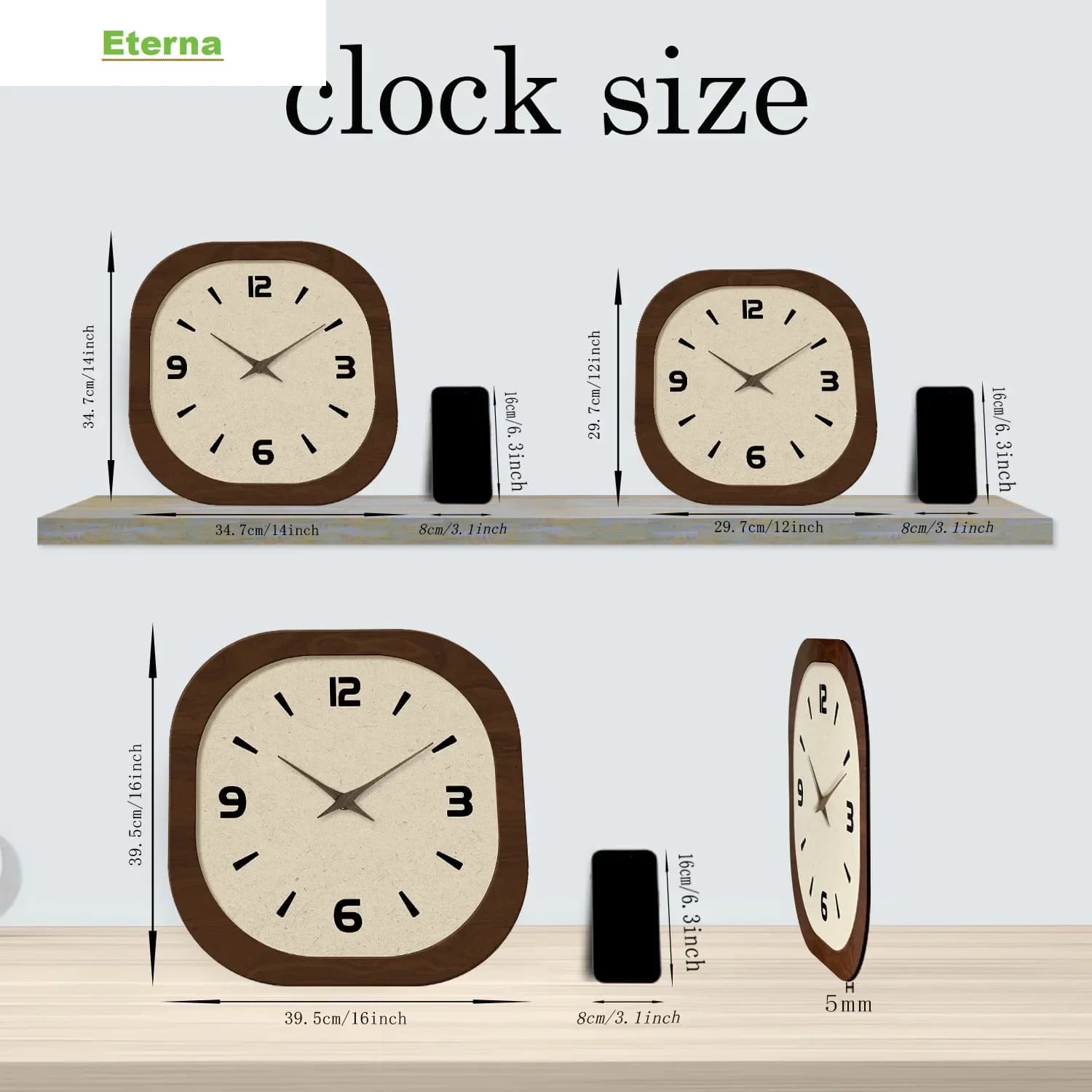 French Style Retro Wooden Wall Clock Crystal Porcelain Square Minimalist for Living Room Bedroom Kitchen