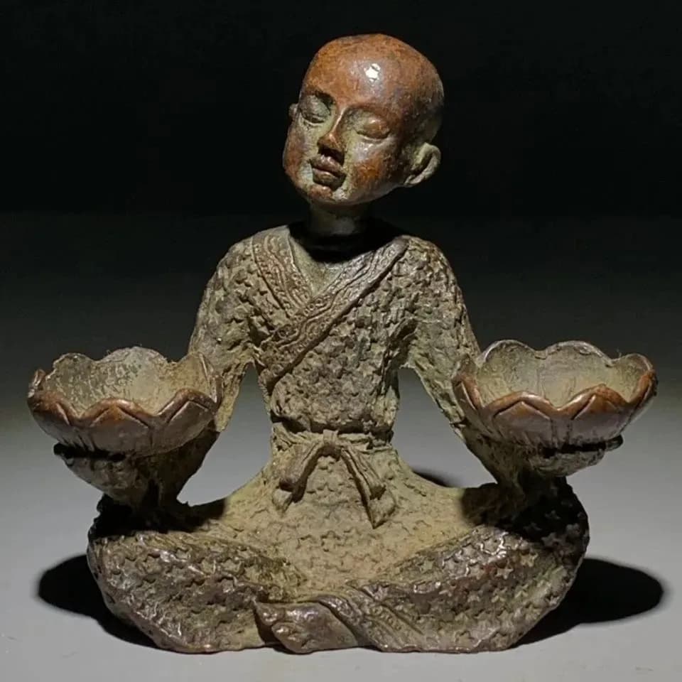 Brass Monk Holding Lotus Statue Incense Cone Burner Buddhism Zen Candle Stick