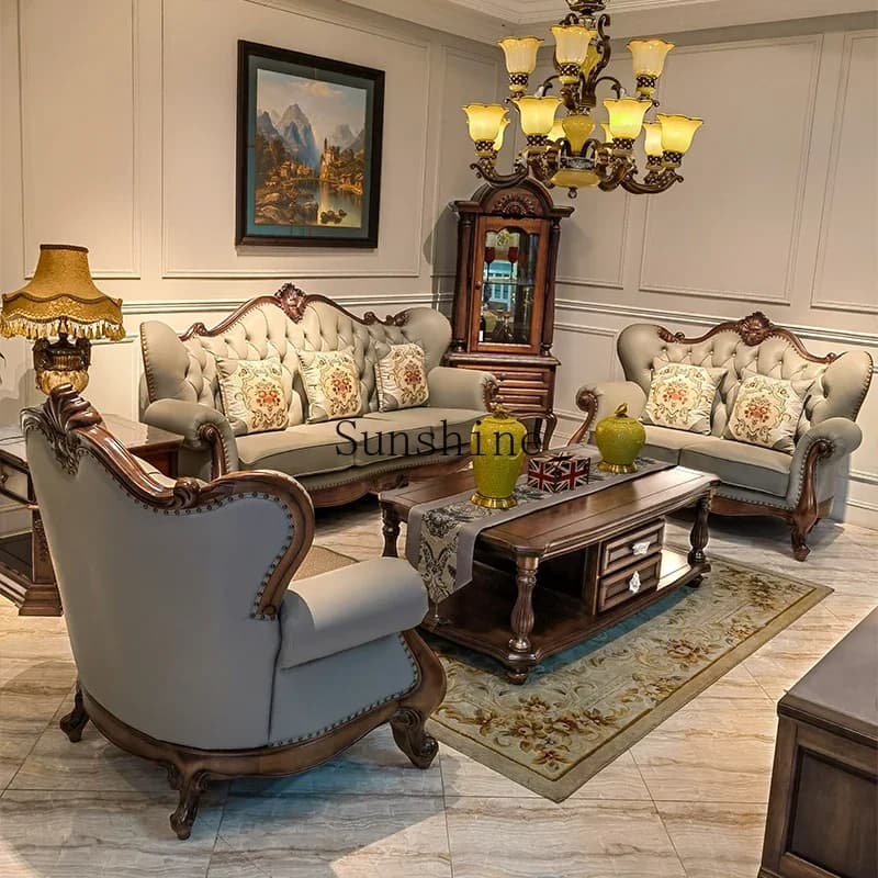 American black walnut sofa solid wood carving flower U-shaped leather combination  FT