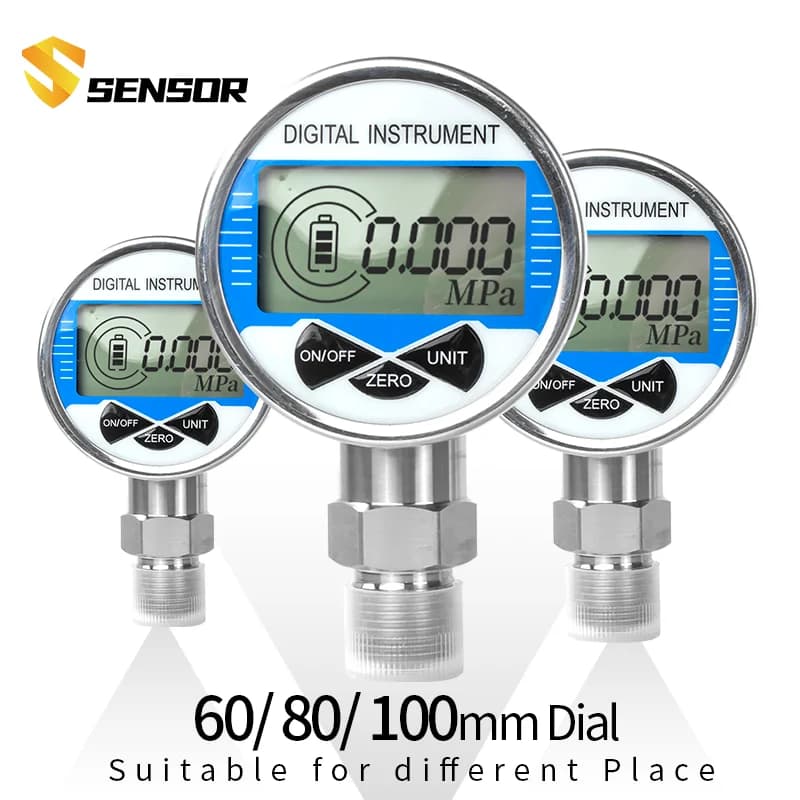 Digital Pressure Gauge LCD Manometer 0-100Mpa Water Oil Gas Air Pressure Gauge 100mm Dial M20*1.5 Thread SS304 Shell 3V Power