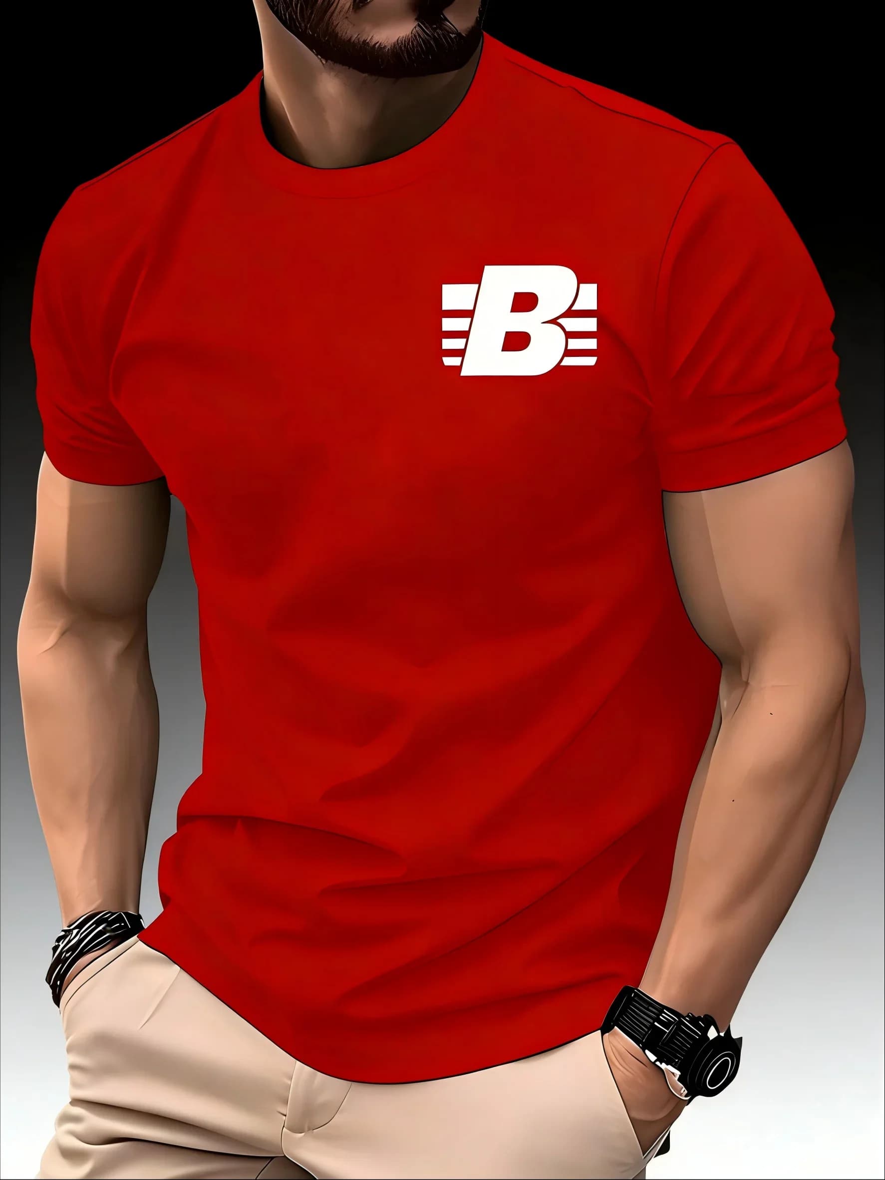 Men's Round Neck Short Sleeve T-shirt, Striped B Print, Quick Dry Breathable Thin Top, Summer Running Fitness Sports Tee
