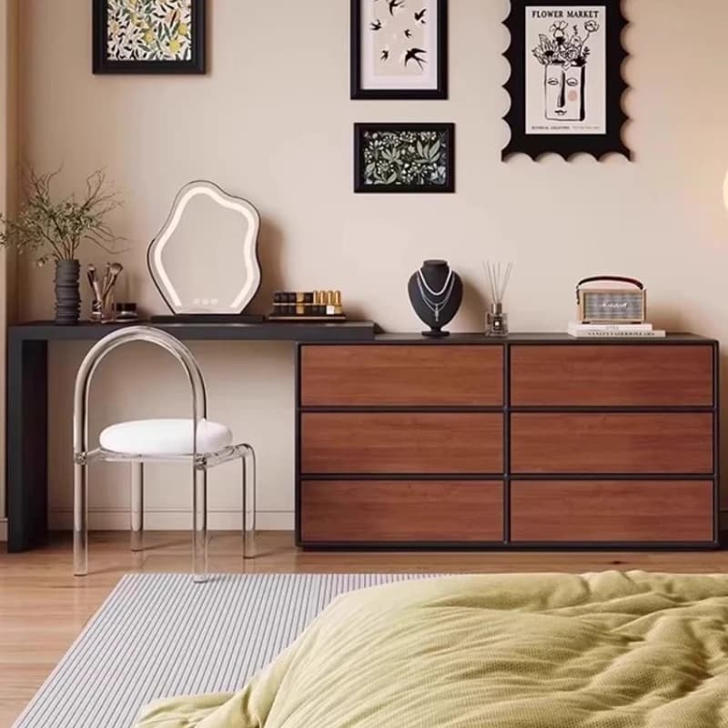 European Walnut Wood Makeup Vanity Integrated Storage Chest Integrated Bedroom Dressing Table Storage Cabinet Solid Wood Dresser