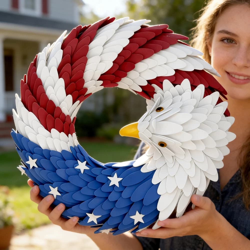 Patriotic Bald Eagle Door Wreath, USA Flag Inspired Hanging Ornament for Holiday & Home Decoration