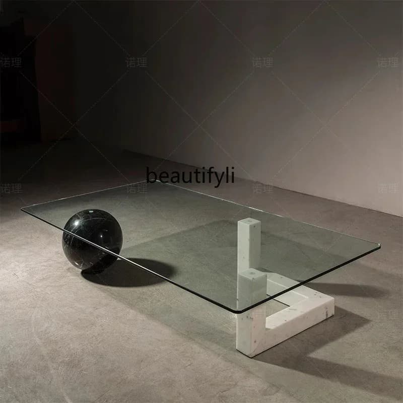 Light luxury personalized natural marble creative table  extremely simple transparent square tempered glass coffee table