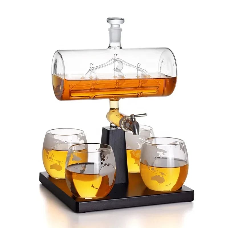 1000ml Wooden Base Sailboat Barrel Wine Dispenser Whisky Dispenser Set for Elegant Tableside Serving