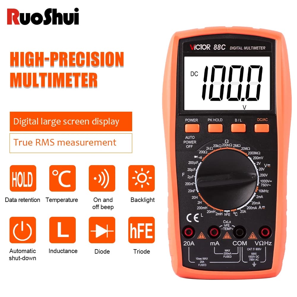 Victor 88C Multimeter 2000MΩ Resistance Inductance 20H Large LCD Display True RMS 1000V/20A AC DC With Temperature Frequency
