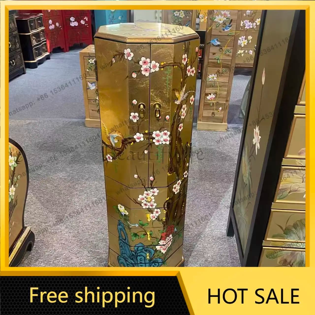 LD Luodian Court Fairy Figure Eight Dou Cabinet New Chinese Gold Foil Octagonal Decorative Locker