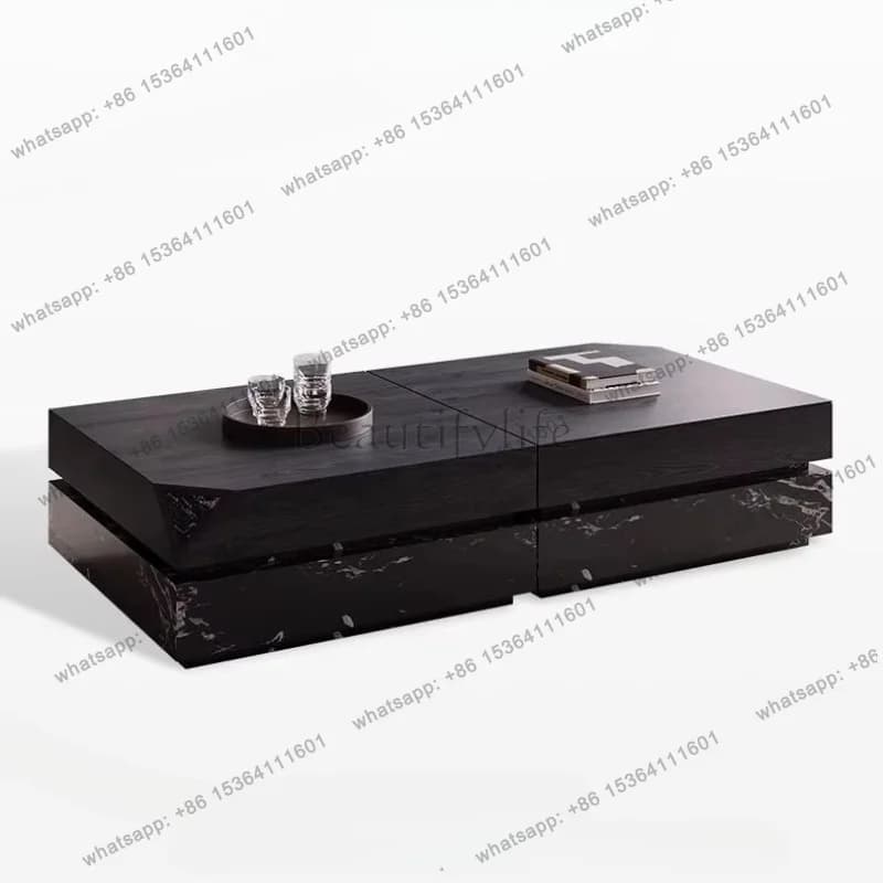 YJ Modern Natural Marble Coffee Table Black Rose Design Rectangle Wood Grain Living Room Center Table