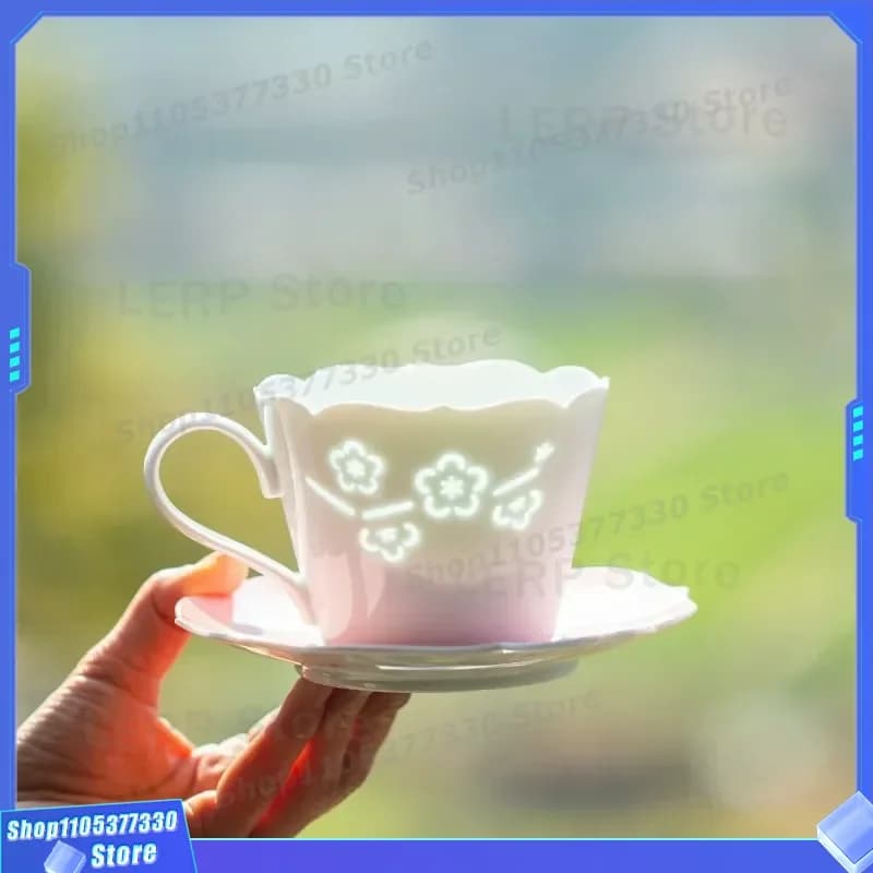 Jingdezhen Ceramic Coffee Cup Saucer Set Pink Plum Blossom Linglong Design Cute Milk Mug for Girls Couple Latte Tea Drinkware