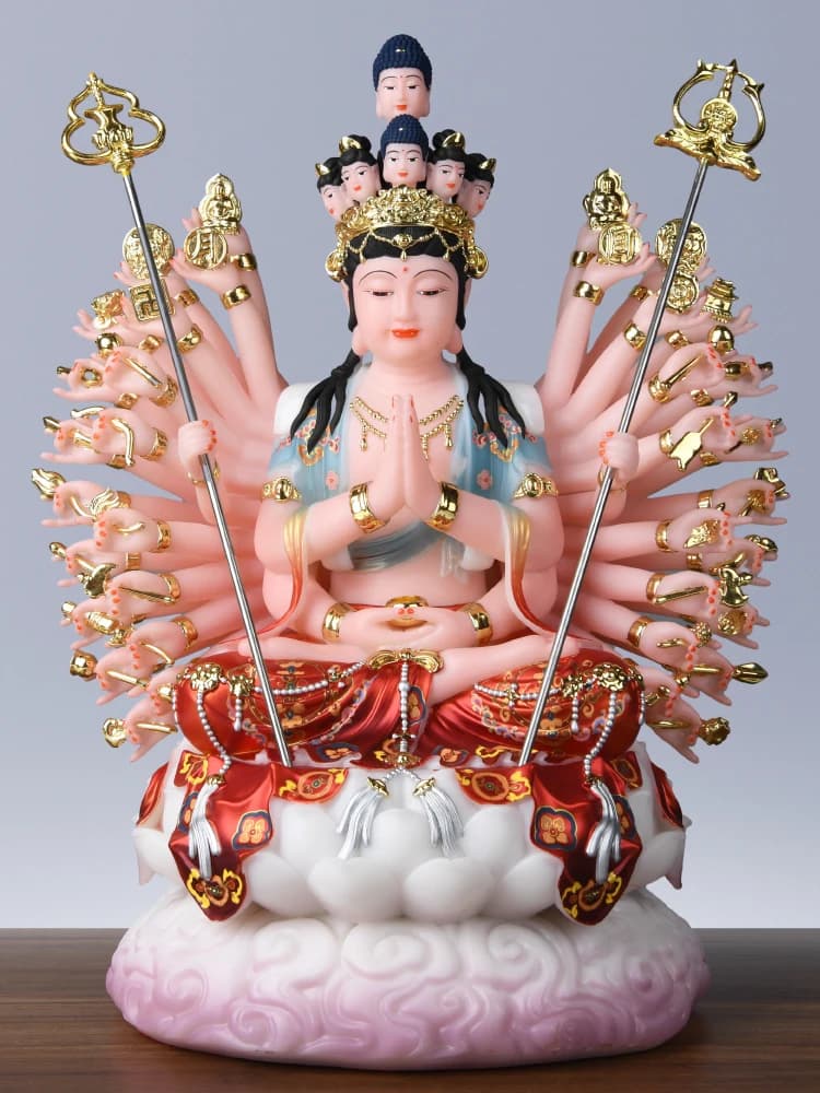 LTT white marble painted thousand hands and thousand eyes Guanyin statue ornament Buddhist hall home offering