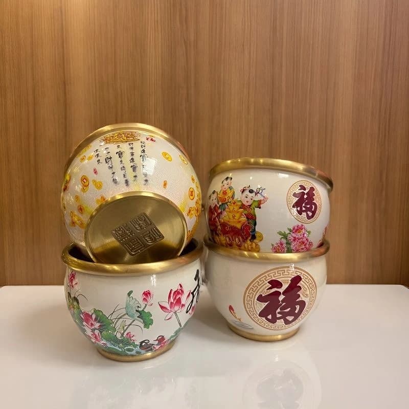 Painted "Hundred Blessings" , brass ornament, -attracting treasure bowl, rice jar for home use, living room tabletop