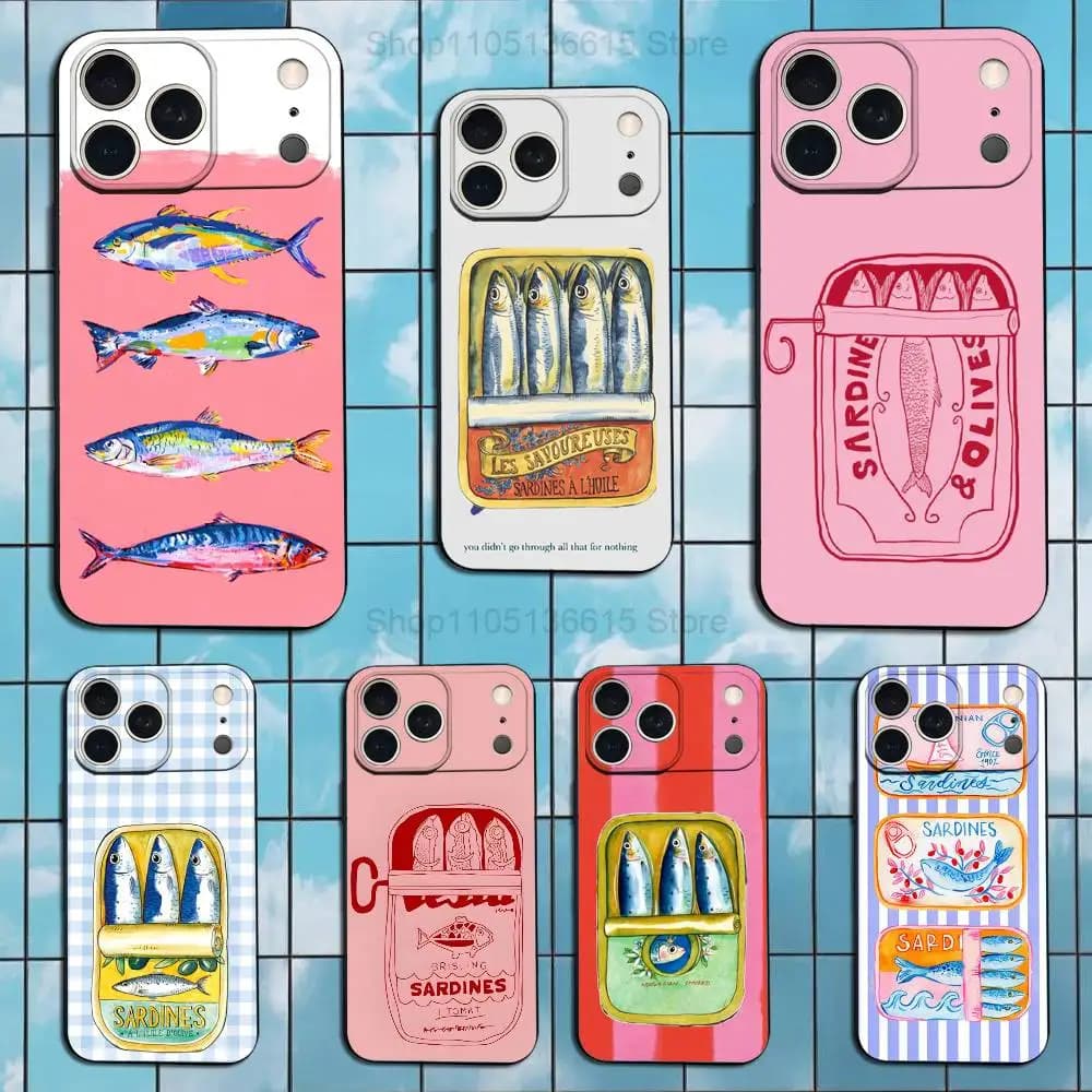 Good Food Sardines Canned  Case For iPhone 6,17,16,15,14,13,12,11 Plus,Pro Max,XS,X,XR,SE,Mini,8,7,Soft Silicone Black Cover