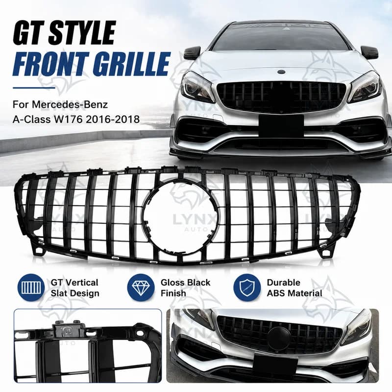 For Mercedes-Benz A-Class W176 2016-2018 GT Style Gloss Black Vertical Slats Front Bumper Grille Aftermarket