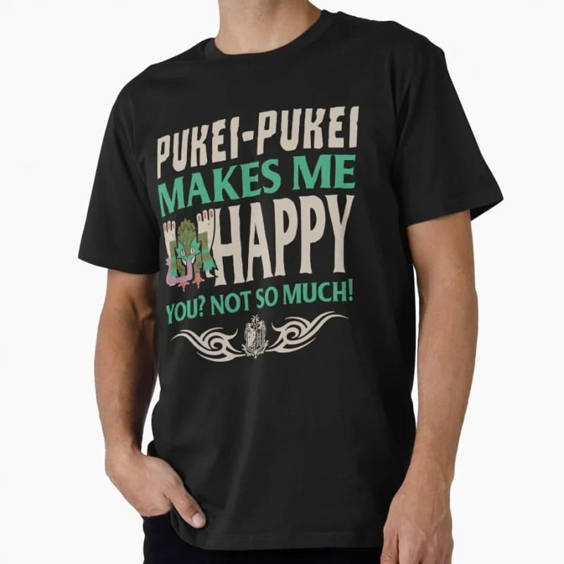 PUKEI-PUKEI MAKES ME HAPPY Monster hunter world  Gift T-Shirt for gamer 100% cotton Short Sleeve Graphic clothes All size tops