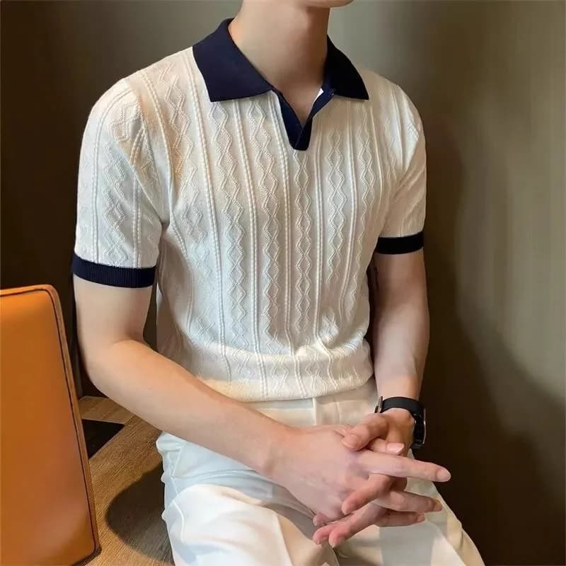 Summer Ice Silk Breathable Jacquard Lapel Short-sleeved Knitted Sweater Men Korean Style Trendy Slim Versatile Casual T-shirttop
