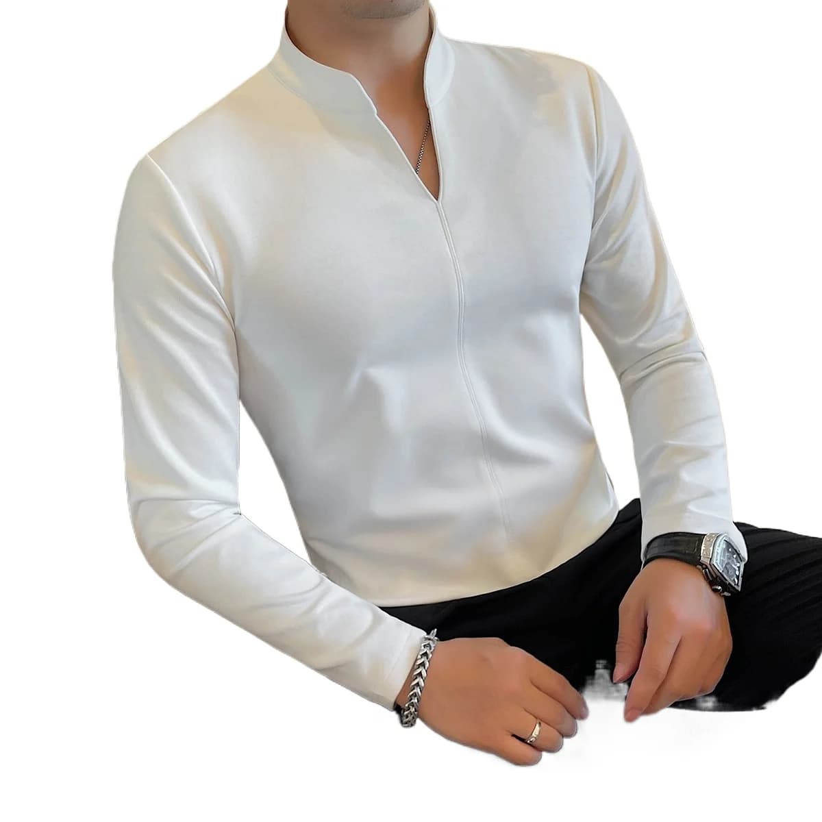 Men Long‑Sleeve T‑Shirt V‑Neck Muscle Fit Undershirt Wear Outside Solid Color Fashion New Arrival Autumn Winter Stand Collar Ver