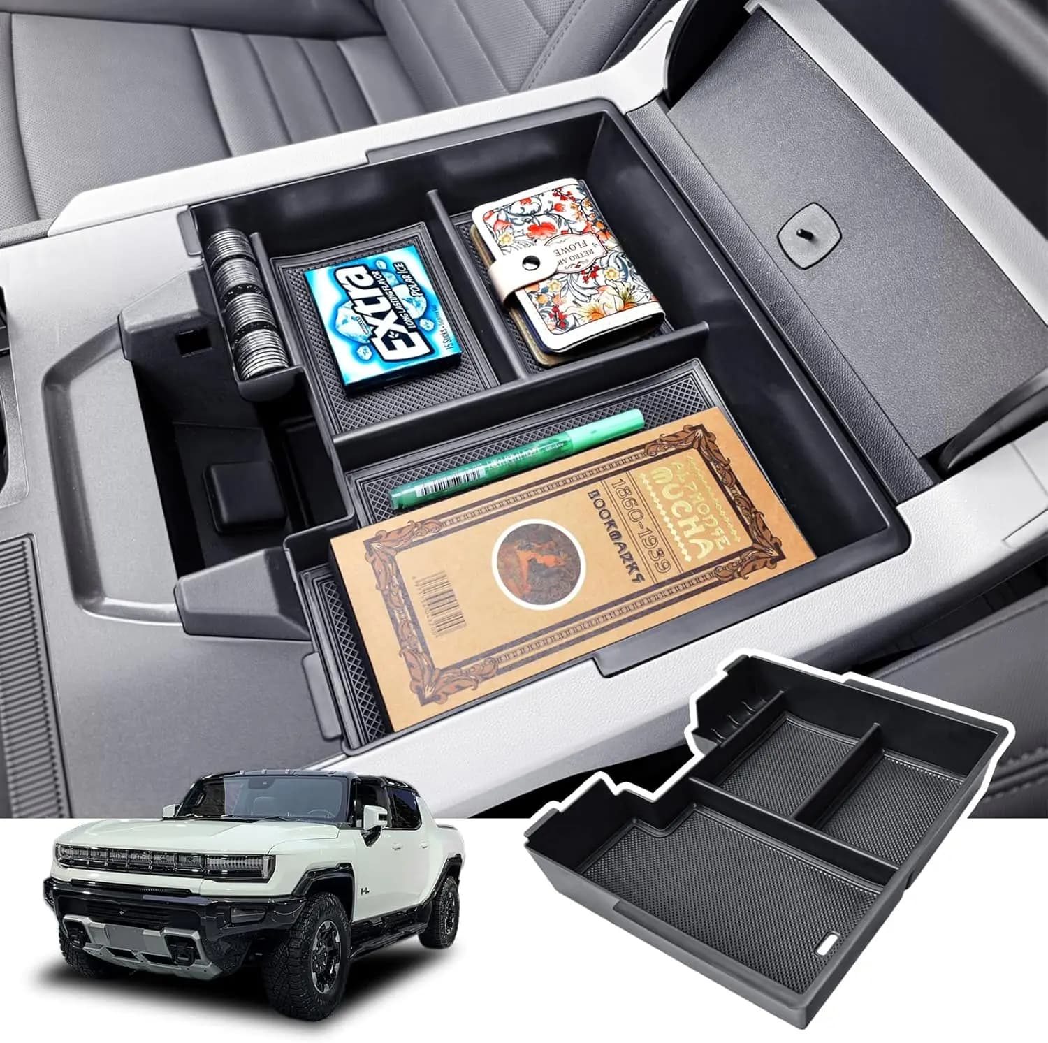 RUNROAD Center Console Organizer Tray for 2025 2024 2023 2022 GMC Hummer EV Accessories Armrest Tray Car Secondary Storage Box