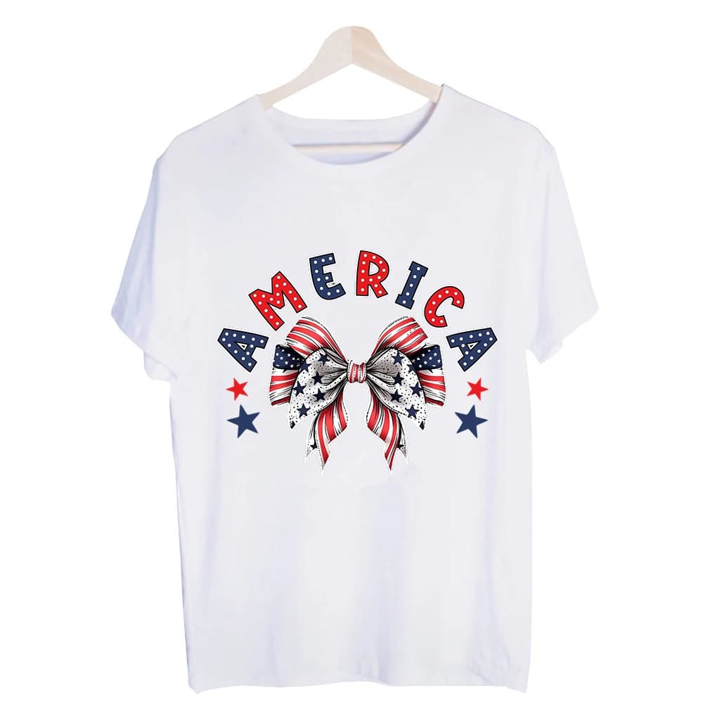Women's America Letter Print with Bow Graphic Tee, Short Sleeve Crew Neck T-Shirt for Patriotic Celebrations and Summer Outfits