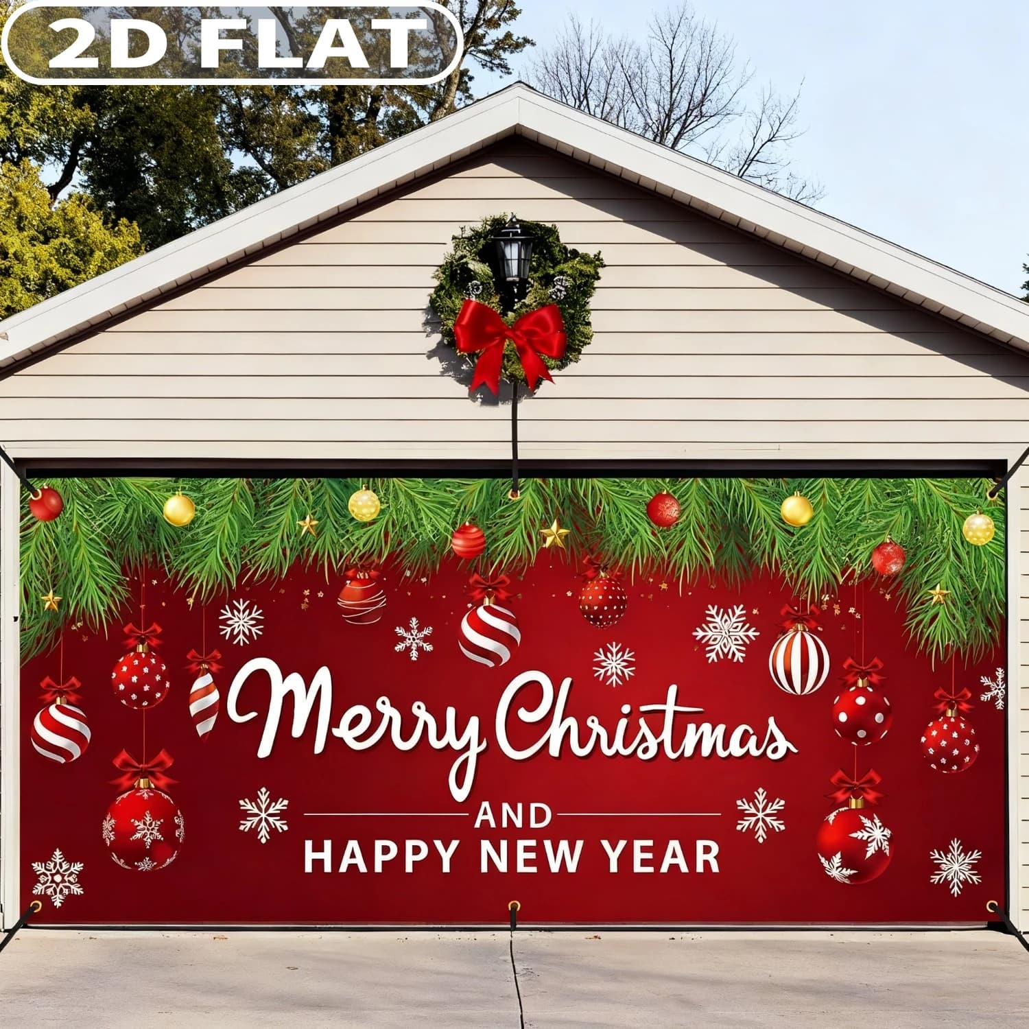 1pc Christmas Garage Door Banner 13X 6Ft Durable Polyester, Xmas Ball Garage Banner Backdrop Red Merry Christmas Hanging Garages