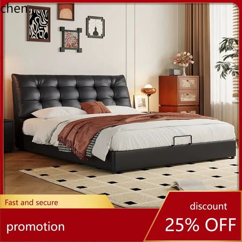 HT Big Black Bear Master Bedroom Wedding Bed Elegant Modern Simple Double Bed Leather Bed Wooden