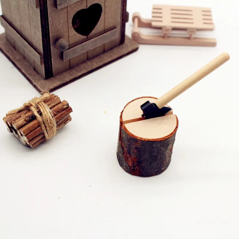 1set Dollhouse Mini Axe Woodcutting Wooden Stake Chicken Coop Model Outhouse Photography Props Miniature Decorations Home Decor