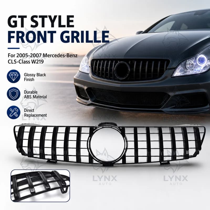 Aftermarket For 2005-2007 Mercedes-Benz CLS-Class W219 GT Style Glossy Black Front Grille and Bumper Grille Replacement