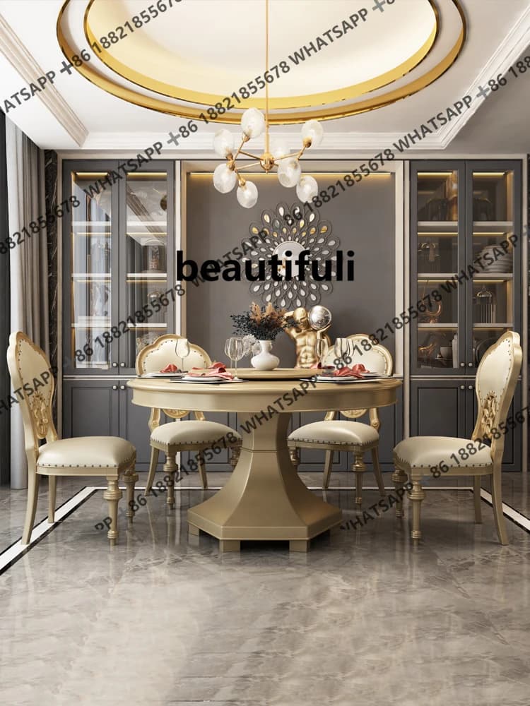 American marble dining table solid wood round with turntable household European dining table and chair combination