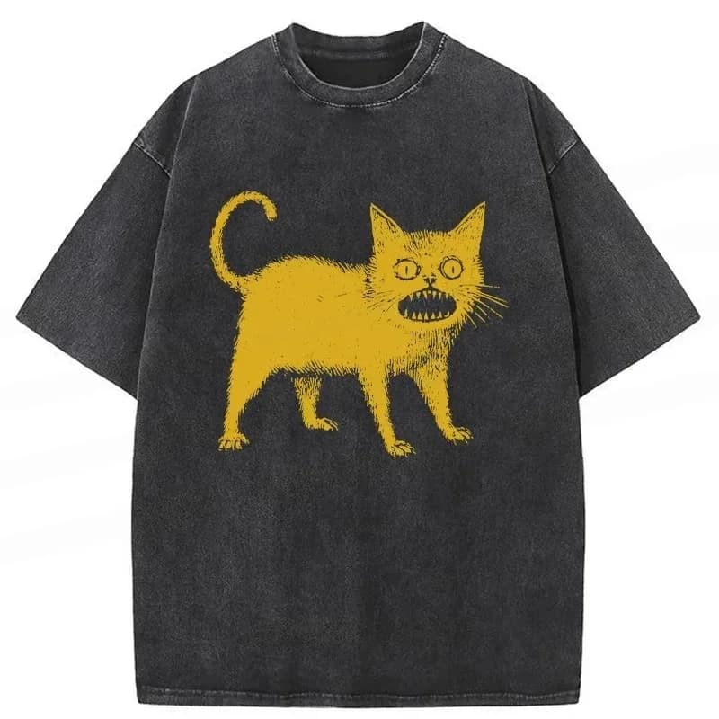 2026 Funny Printed Casual Cotton Washed T-Shirt Cat Printing Unisex Harajuku Tops Summer Short Sleeve Holiday Street Men Clothes