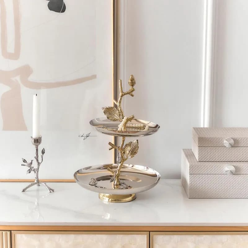 Indian gold branch double cake plate, metal stainless steel branch bird silver jewelry plate ornament