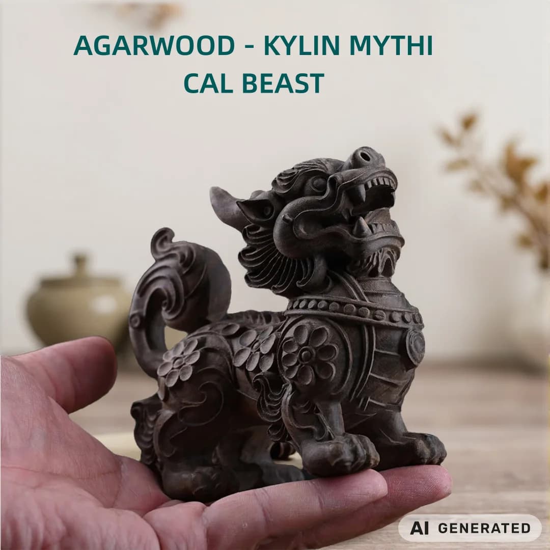 Solid wood carving Qilin Statue Chinese Feng Shui Beast Figurine for Home Office Car Desk Decor Lucky Wealth Charm Sculpture