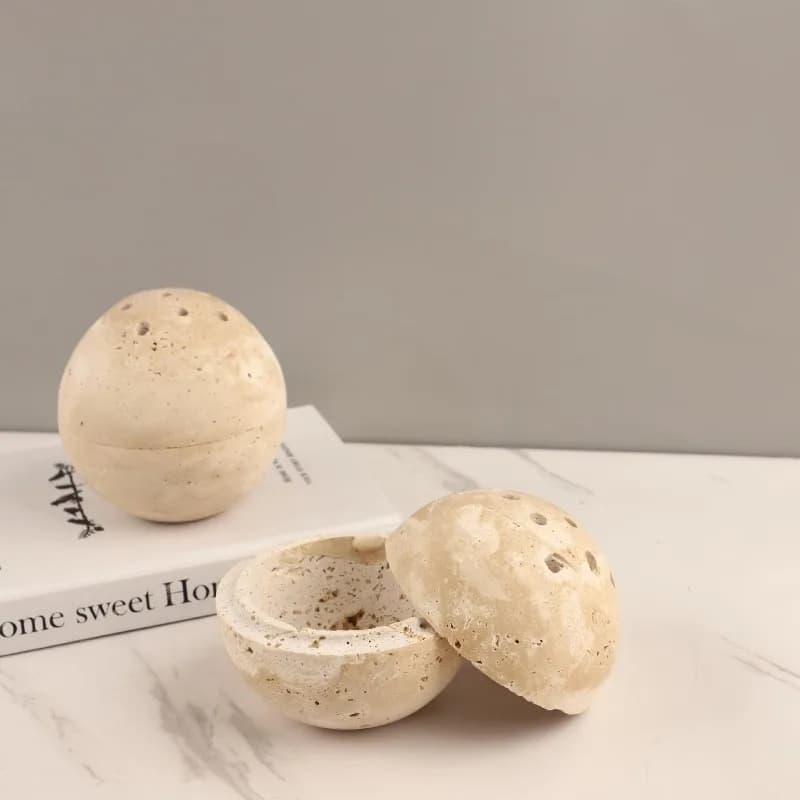 1 Travertine Marble Incense Burner Textured Spherical Aromatherapy Stone Bowl Frankincense Zen Decor for Meditation Spaces Home