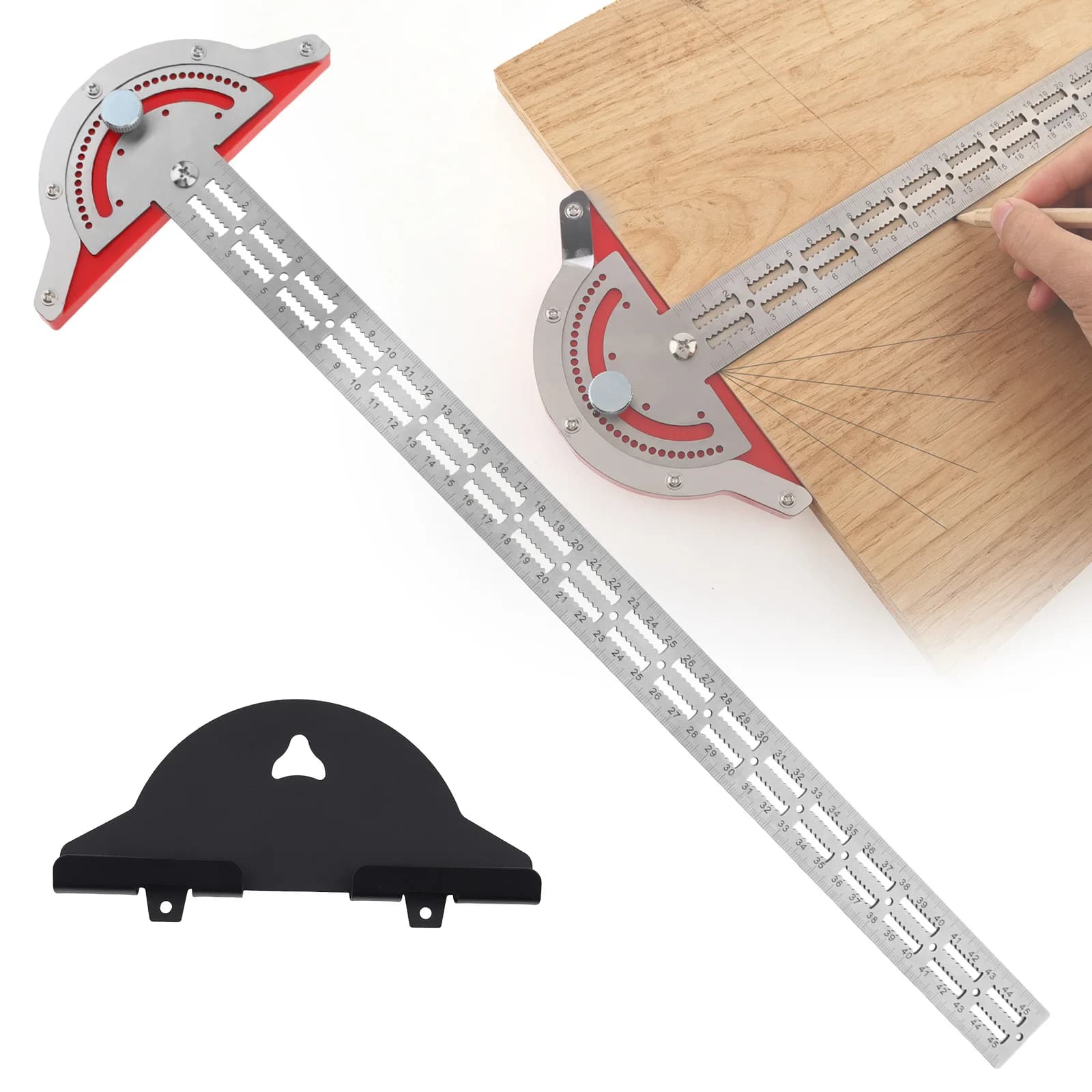 Metric Scale T Square Protractor Angle Finder for Woodworking Adjustable Woodworkers Edge Ruler with Wall Hanging Storage Rack