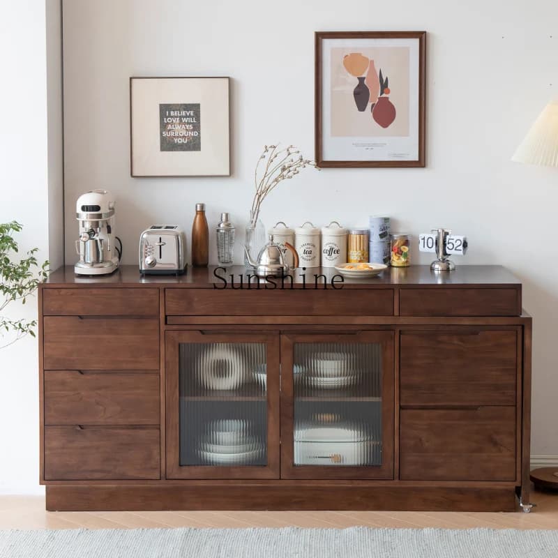 Nordic solid wood dining side cabinet integrated telescopic wine folding rotatable combination